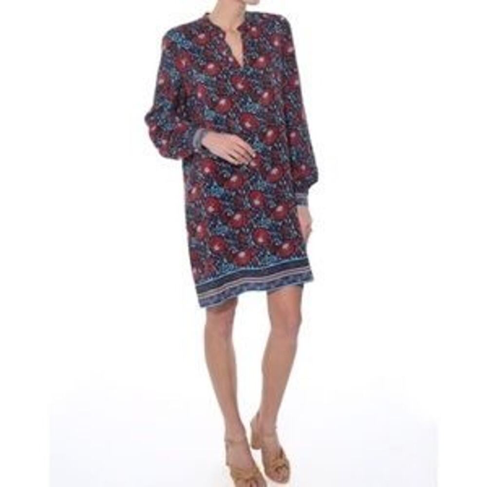 WARM Silk Floral Tunic Dress Long Sleeve Boho Shift Black Red Blue